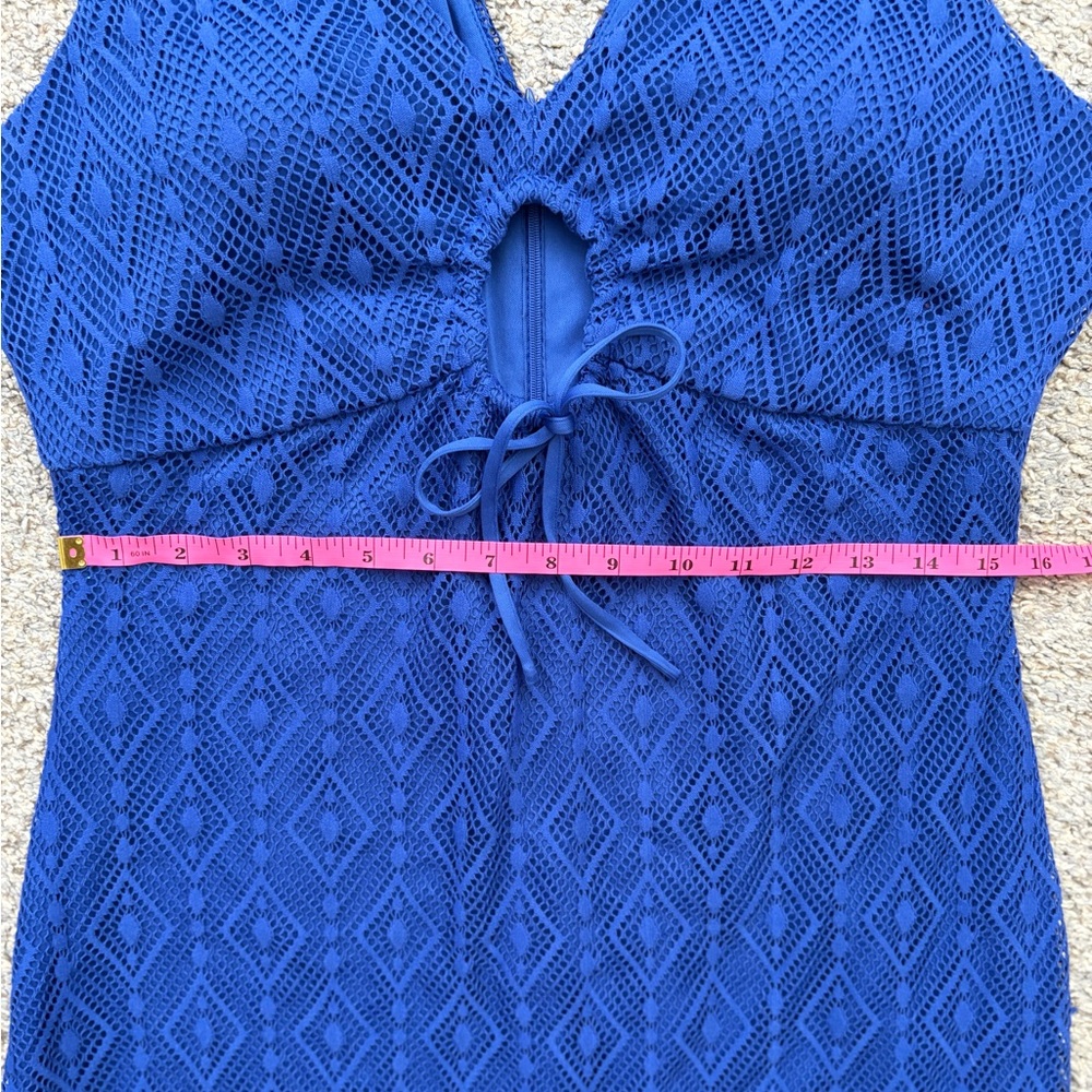 New Guess Blue Geometric Lace Sheath Midi Dress Size 14 - Picture 13 of 17